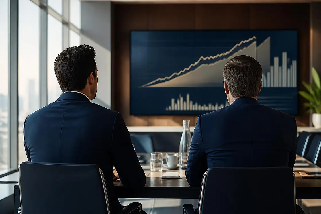 Two executives in a boardroom studying a rising growth chart on screen.