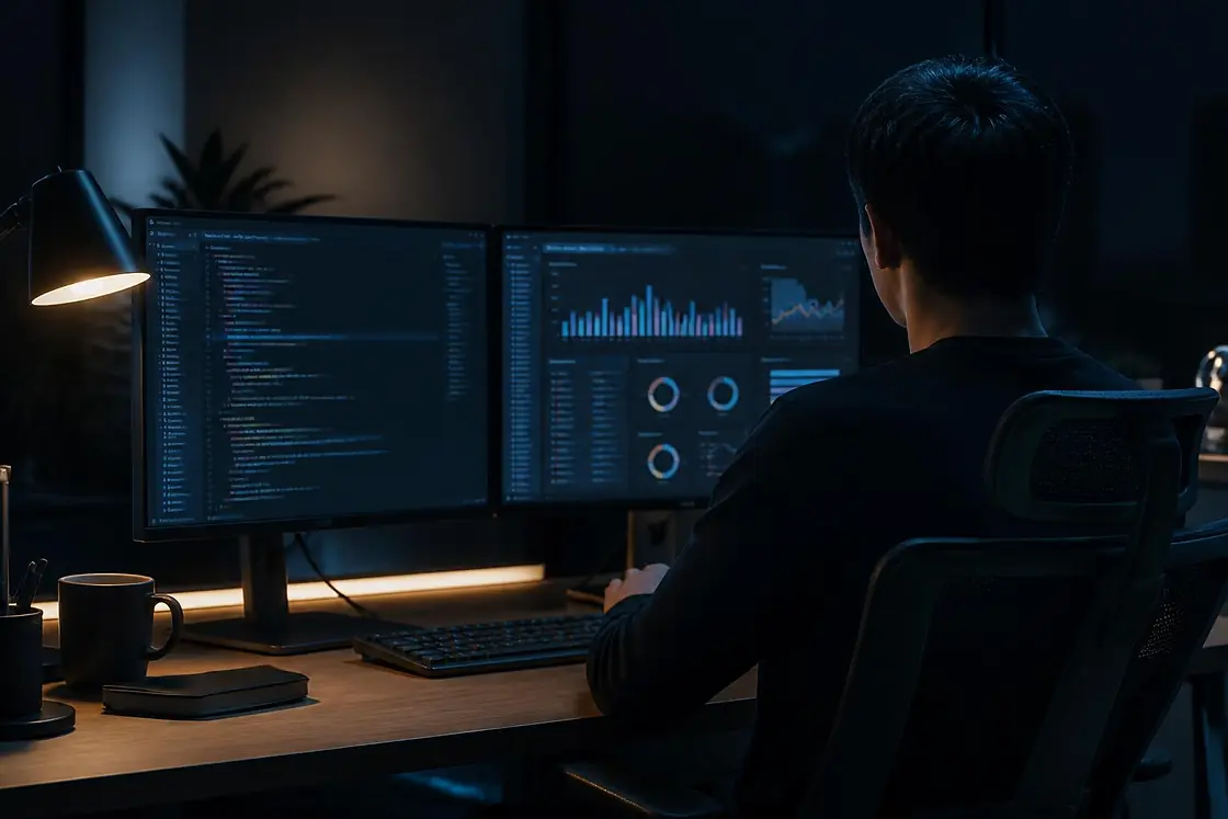 A developer at a dual-monitor workstation with code and an analytics dashboard on screen.