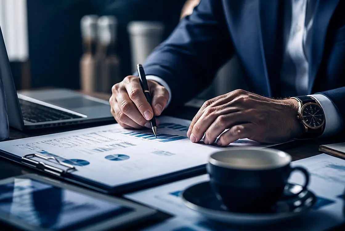 Hands annotating printed financial statements and charts at a desk.