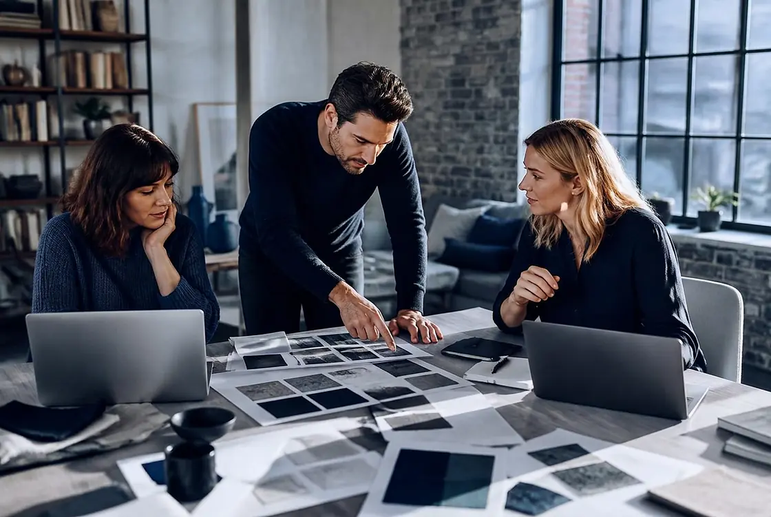 Three colleagues reviewing printed brand and campaign material spread across a table.