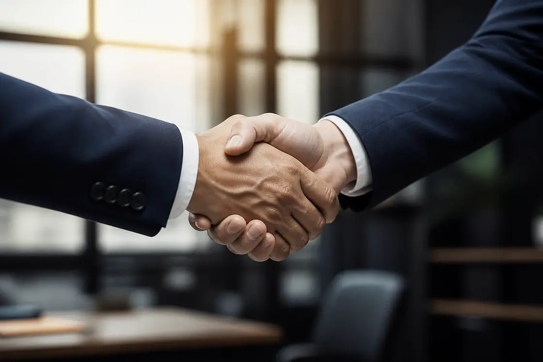 Two people shaking hands across a meeting table in a sunlit office.