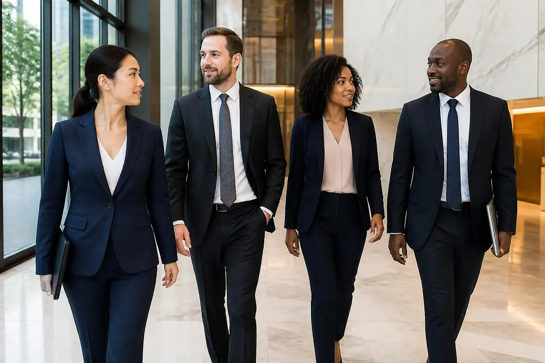 Four Track and Tech colleagues walking together through an office lobby.
